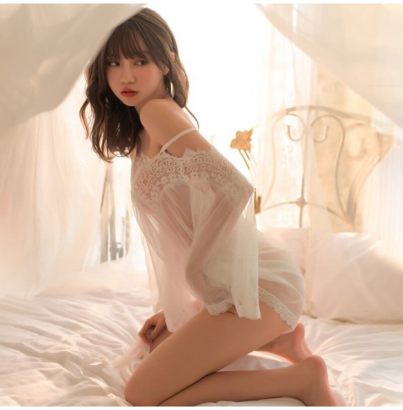 FEE ET MOI - Off-Shoulder Lace Spaghetti Strap Nightdress (White)